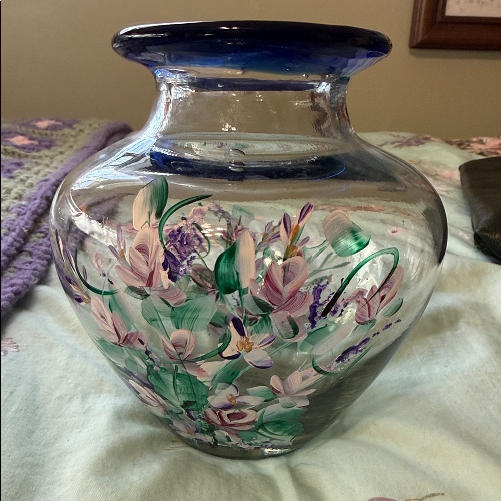 Hand-Painted hand blown signed Floral Glass Vase